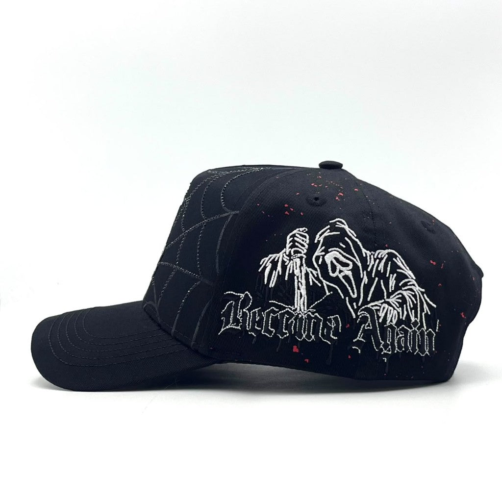 Become Again Scream hat, side — hooded figure and Become Again