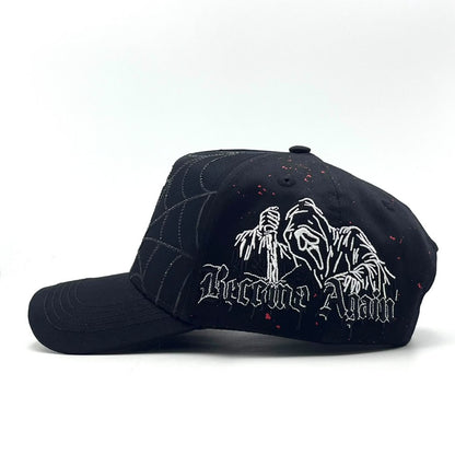 Become Again Scream hat, side — hooded figure and Become Again