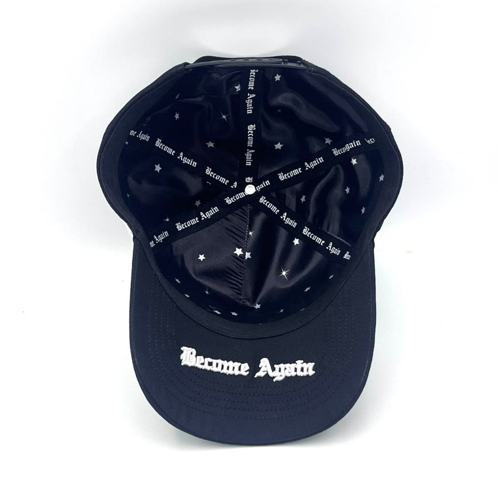 Become Again crystal hat, interior — star lining and branded tape