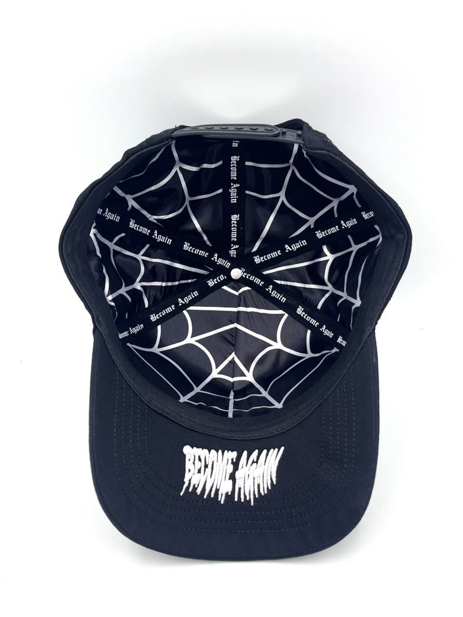 Become Again Skeleton hat, interior — web lining and Become Again under the brim